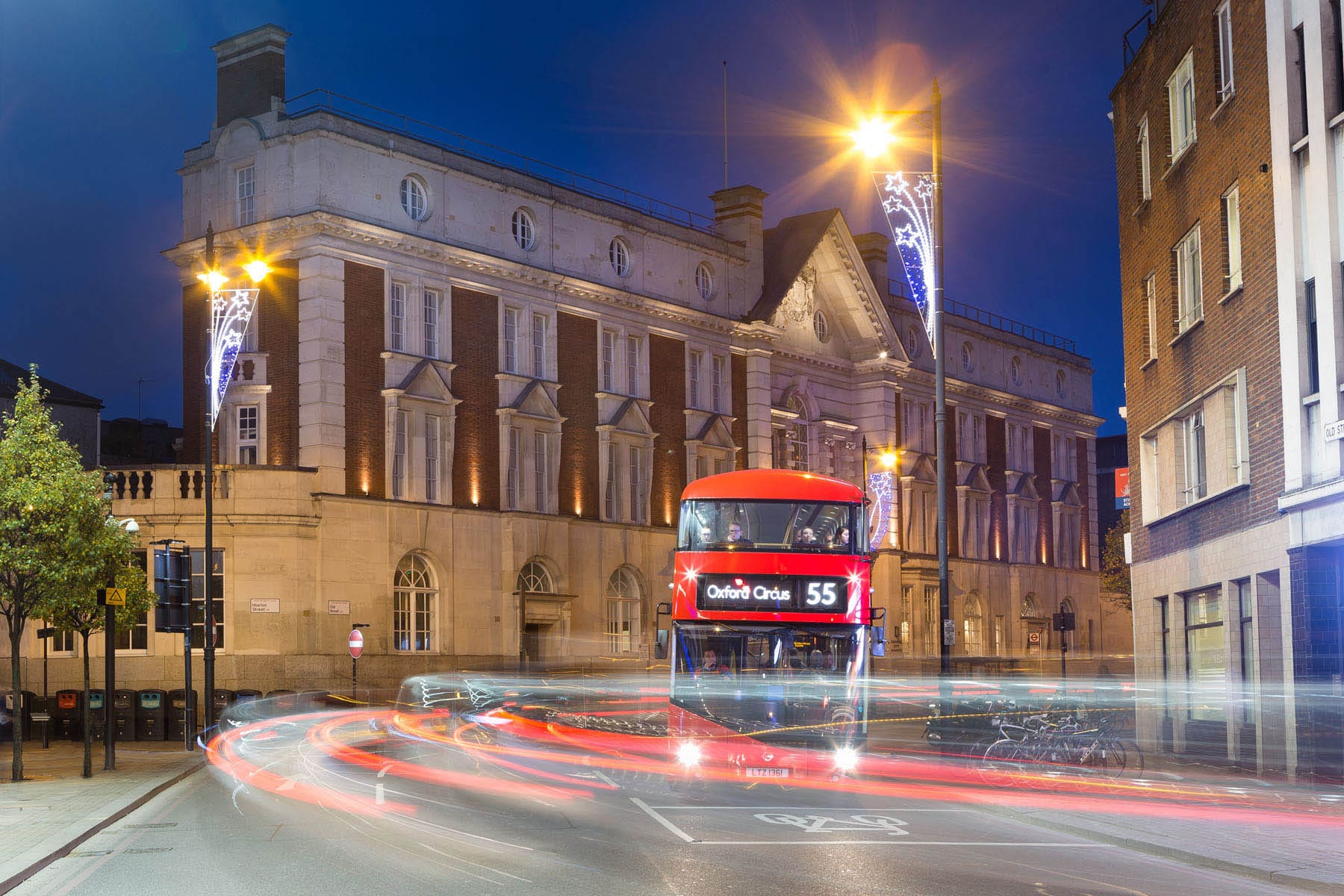London night street view with double decker bus